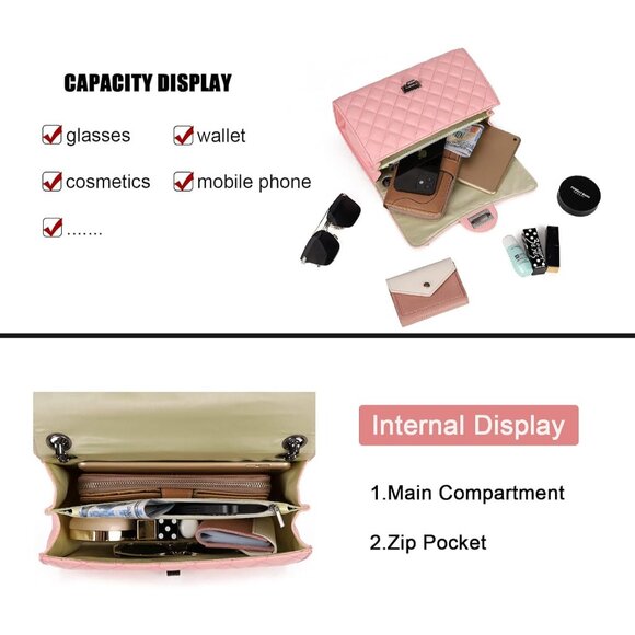 Women Pink PU Quilted Stylish Crossbody Bag with Chain Strap & Flap Closure - Picture 4 of 6